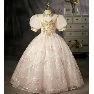 Encantador Rosa Clara Rebordear Lentejuelas Cumpleaños Vestidos Para Niñas 2022 Ball Gown Cuello Alto Hinchado Manga Corta Largos Vestidos Para Niñas