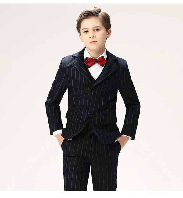 Classic 5-piece Stripe Black Long Sleeve Boys Wedding Suits 2022 Coat Pants Shirt Tie Vest Wedding