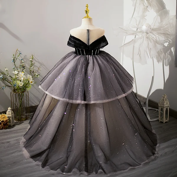 Fashion Black Rhinestone Sequins Cascading Ruffles Flower Girl Dresses 2023 Ball Gown Scoop Neck Birthday Short Sleeve Floor-Length / Long
