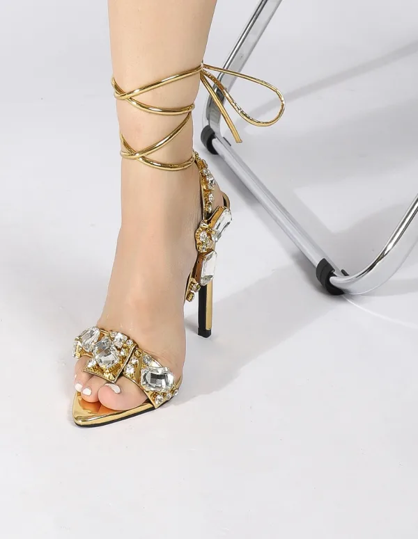 Sexy Gold Rhinestone Evening Party Womens Sandals 2022 Ankle Strap 11 cm Stiletto Heels Open / Peep Toe Sandals High Heels