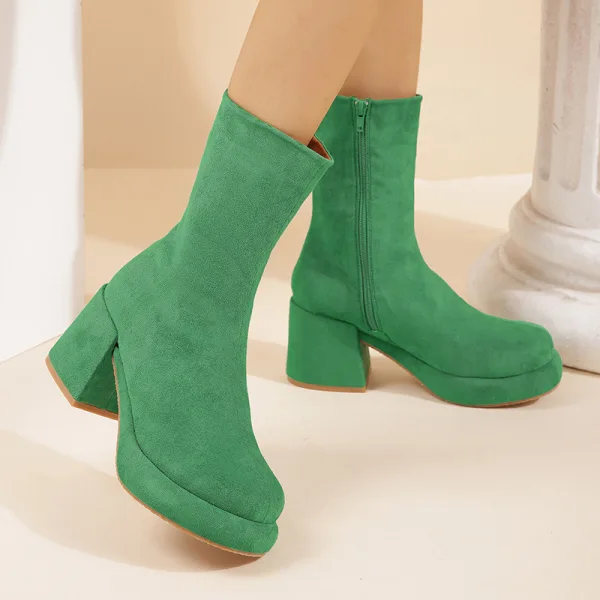 Comfortable Green Street Wear Winter Suede Womens Boots 2023 6 cm Thick Heels Round Toe Boots High Heels