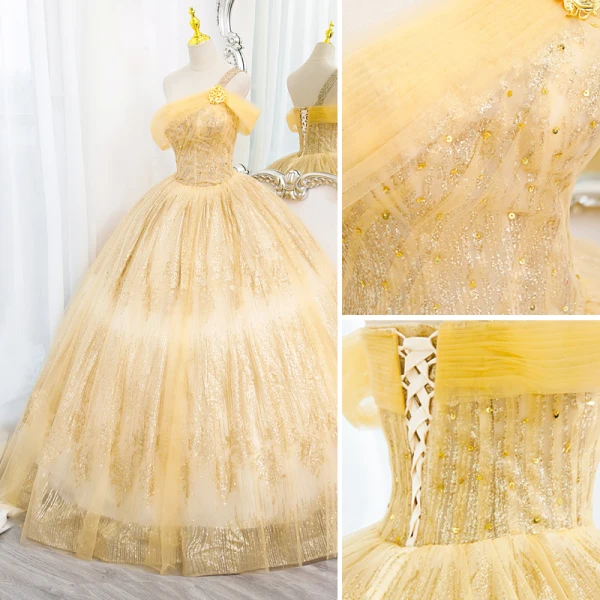 Chic / Belle Jaune Perlage Paillettes Robe De Bal 2022 Robe Boule Une épaule Sans Manches Dos Nu Longue Promo Robe De Ceremonie