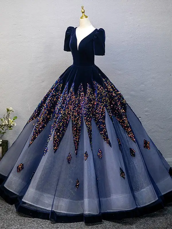 Elegant Navy Blue Sequins Prom Dresses 2025 Ball Gown V-Neck Short Sleeve Backless Floor-Length / Long Prom Formal Dresses