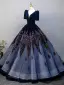 Elegant Navy Blue Sequins Prom Dresses 2025 Ball Gown V-Neck Short Sleeve Backless Floor-Length / Long Prom Formal Dresses