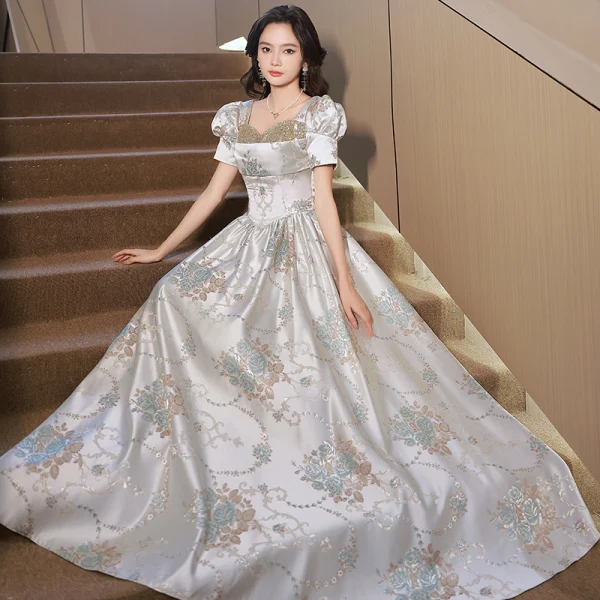 Chic / Belle Argenté Gris Impression Robe De Soirée 2023 Princesse Encolure Carrée Paillettes Manches Courtes Longue Promo Robe De Ceremonie