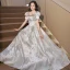 Chic / Belle Argenté Gris Impression Robe De Soirée 2023 Princesse Encolure Carrée Paillettes Manches Courtes Longue Promo Robe De Ceremonie