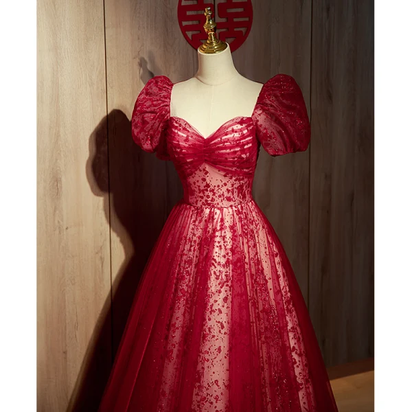 Chic / Belle Bordeaux Paillettes Robe De Bal 2022 Princesse Encolure Carrée Gonflée Manches Courtes Dos Nu Noeud Longue Promo Robe De Ceremonie