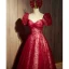 Chic / Belle Bordeaux Paillettes Robe De Bal 2022 Princesse Encolure Carrée Gonflée Manches Courtes Dos Nu Noeud Longue Promo Robe De Ceremonie