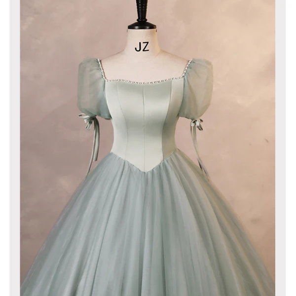 Elegante Salbeigrün Ballkleider 2023 Ballkleid Eckiger Ausschnitt Geschwollenes Kurze Ärmel Rückenfreies Lange Ball Festliche Kleider
