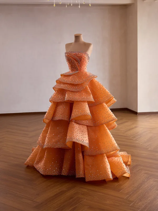Mode Orange Fallende Rüsche Perle Pailletten Strass Ballkleider 2026 Ballkleid Bandeau Ärmellos Rückenfreies Sweep / Pinsel Zug Festliche Kleider