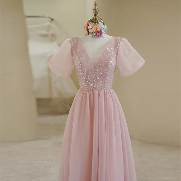 Élégant Rougissant Rose Paillettes Robe De Bal 2022 Princesse V-Cou Manches Courtes Dos Nu Longue Promo Robe De Ceremonie