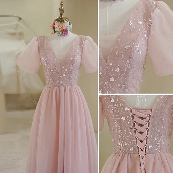 Élégant Rougissant Rose Paillettes Robe De Bal 2022 Princesse V-Cou Manches Courtes Dos Nu Longue Promo Robe De Ceremonie