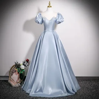 Elegant Sky Blue Rhinestone Satin Prom Dresses 2025 Ball Gown Scoop Neck Puffy Short Sleeve Backless Floor Length Long Formal Dresses