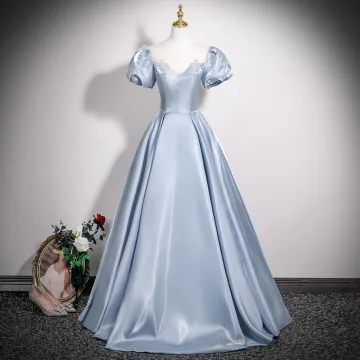 Elegante Hemelsblauw Satijn Rhinestone Galajurken 2025 A Lijn Ronde Hals Gezwollen Korte Mouwen Ruglooze Lange Gelegenheid Jurken