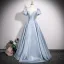 Elegant Sky Blue Satin Rhinestone Prom Dresses 2025 A-Line / Princess Scoop Neck Puffy Short Sleeve Backless Floor-Length / Long Formal Dresses