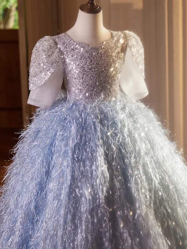Charming Sky Blue Beading Sequins Tassel Birthday Flower Girl Dresses 2024 Ball Gown Scoop Neck Short Sleeve Backless Floor-Length / Long
