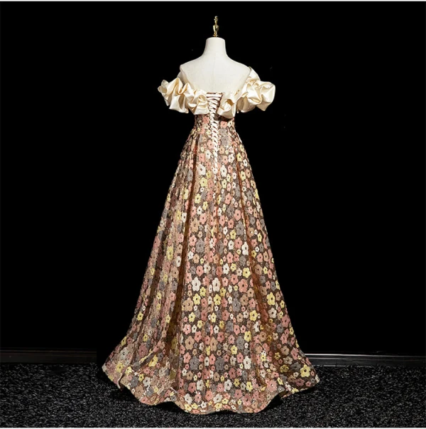 Fashion Champagne Sequins Floral Prom Dresses 2024 A-Line / Princess Ruffle Off-The-Shoulder Sleeveless Backless Floor-Length / Long Prom Formal Dresses