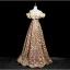 Fashion Champagne Sequins Floral Prom Dresses 2024 A-Line / Princess Ruffle Off-The-Shoulder Sleeveless Backless Floor-Length / Long Prom Formal Dresses