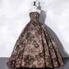 Vintage / Retro Brown Printing Prom Dresses 2022 Ball Gown Strapless Short Sleeve Backless Floor-Length / Long Prom Formal Dresses