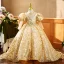 High-end Gold Beading Pearl Rhinestone Sequins Birthday Flower Girl Dresses 2023 Ball Gown High Neck Puffy 3/4 Sleeve Floor-Length / Long Flower Girl Dresses