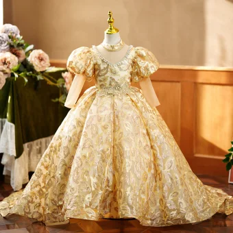 Haut De Gamme Doré Perlage Perle Faux Diamant Paillettes Anniversaire Robe Ceremonie Fille 2023 Robe Boule Col Haut Gonflée 3 4 Manches Longue Robe Ceremonie Fille