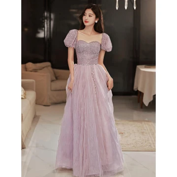 Encantador Rosa Clara Lentejuelas Vestidos De Noche 2022 A Line Princess Escote Cuadrado Manga Corta Sin Espalda Largos Noche Vestidos Formales