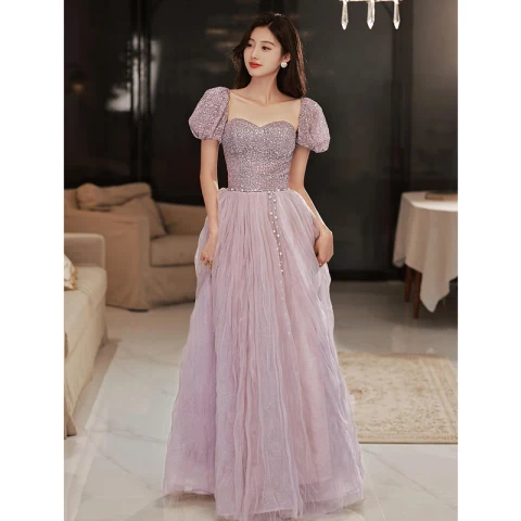 Chic / Beautiful Lilac Sequins Prom Dresses 2022 A-Line / Princess Strapless Puffy Short Sleeve Backless Floor-Length / Long Prom Formal Dresses