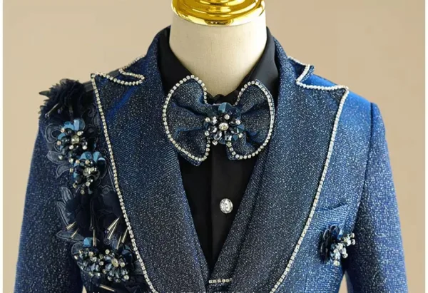Fall Winter Navy Blue Pearl Rhinestone 5-piece Long Sleeve Boys Wedding Suits 2024 Coat Pants Shirt Tie Vest