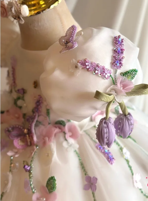Chic / Beautiful White Beading Appliques Birthday Short Flower Girl Dresses 2026 Ball Gown Scoop Neck Puffy Short Sleeve