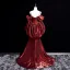 Fashion Burgundy Prom Dresses 2025 Trumpet / Mermaid Spaghetti Straps Puffy Short Sleeve Backless Sweep Train Formal Dresses