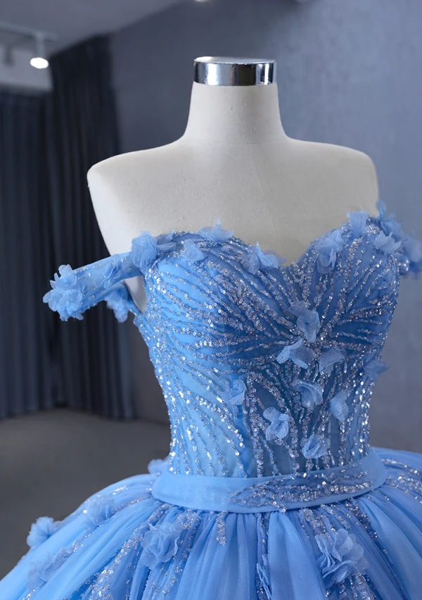 Haut de Gamme Bleu Perlage Paillettes Appliques Robe De Bal 2024 Robe Boule Bustier Sans Manches Dos Nu Train De Balayage Promo Robe De Ceremonie