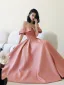 Classy Watermelon Satin Prom Dresses 2024 A-Line / Princess Off-The-Shoulder Short Sleeve Backless Floor-Length / Long Prom Formal Dresses