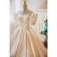 Elegant Champagne Appliques Pearl Prom Dresses 2023 Satin Ball Gown Off-The-Shoulder Short Sleeve Backless Floor-Length / Long Formal Dresses