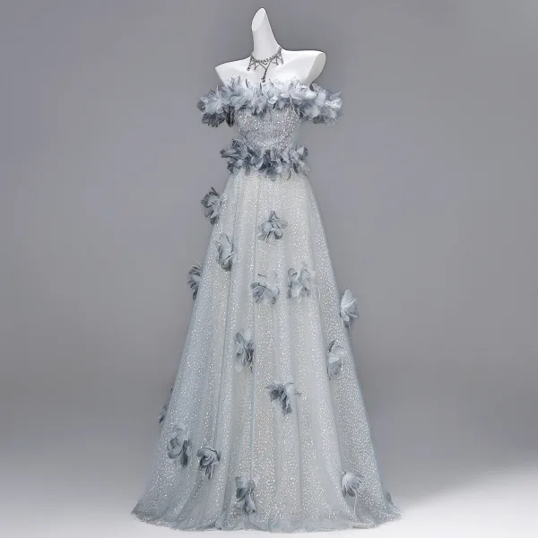 Charmant Gris Perlage Appliques Paillettes Robe De Soirée 2026 Princesse De l'épaule Manches Courtes Dos Nu Longue Robe De Ceremonie