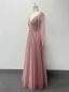 Elegant Blushing Pink Prom Dresses 2024 A-Line / Princess V-Neck Long Sleeve Backless Floor-Length / Long Prom Formal Dresses