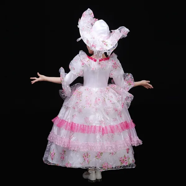 Vintage / Retro Medieval Blushing Pink Flower Girl Dresses 2024 3D Lace Printing Floral Floor-Length / Long Lace Scoop Neck 1/2 Sleeves Cosplay Prom Ball Gown Wedding Party Dresses