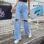 Ripped Women Sky Blue High Waist Denim Jeans 2021 Street Wear Wide Leg Cotton Bottoms Pants