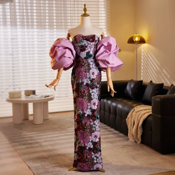 Fantaisie Lilas Paillettes En Dentelle Fleur Robe De Soirée 2024 Trompette Sirène Bustier Gonflée Manches Courtes Dos Nu Longue Soirée Robe De Ceremonie