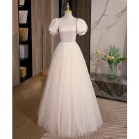 Sencillos Rosa Clara Vestidos de gala 2022 A-Line / Princess Escote Cuadrado Hinchado Manga Corta Largos Vestidos Formales