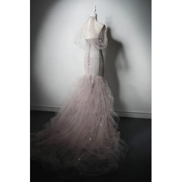 Haut de Gamme Rougissant Rose Perlage Faux Diamant Paillettes Robe De Soirée 2024 Trompette / Sirène Titulaire Sans Manches Dos Nu Train De Balayage Soirée Robe De Ceremonie