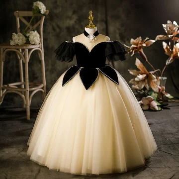 Mode Noire Perle Fleur Anniversaire Robe Ceremonie Fille 2023 Robe Boule Col Haut Manches Courtes Longue