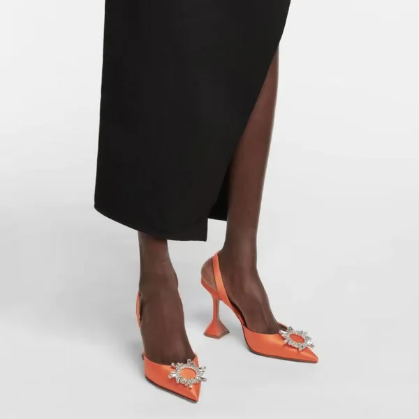 Chic / Beautiful Orange Casual Rhinestone Satin Womens Sandals 2022 8 cm Thick Heels Pointed Toe Sandals High Heels