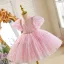 Bling Bling Sky Blue Sequins Birthday Short Flower Girl Dresses 2025 Ball Gown Scoop Neck Puffy Short Sleeve Tulle