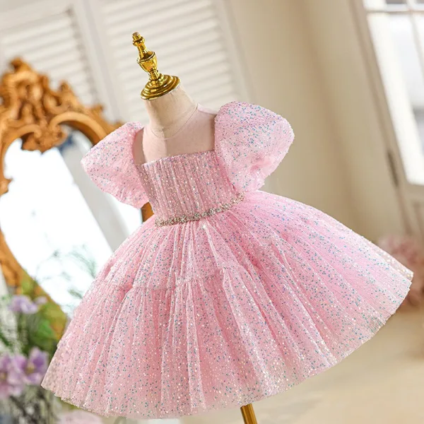 Lovely Blushing Pink Sequins Birthday Short Flower Girl Dresses 2026 Ball Gown Scoop Neck Puffy Short Sleeve