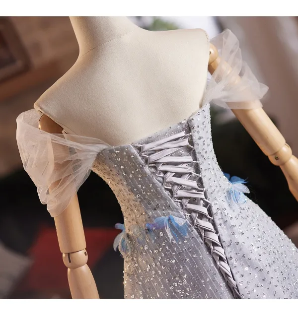 Sparkly Grey Beading Appliques Sequins Prom Dresses 2025 A-Line / Princess Off-The-Shoulder Short Sleeve Backless Floor-Length / Long Formal Dresses