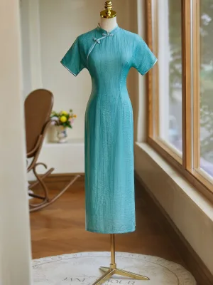 Vintage Originale Style Chinois Vert Jade Longue Cheongsam 2024 Trompette Sirène Col Haut Manches Courtes