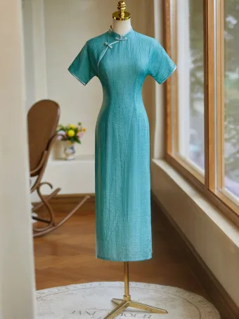 Vintage Retro Chinese Style Jade Green Floor Length Long Cheongsam 2024 Trumpet Mermaid High Neck Short Sleeve