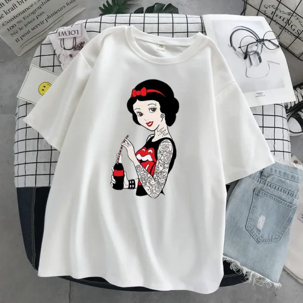 Fashion Loose Women T-Shirts 2021 White Cartoon Scoop Neck Street Wear Tops Casual Summer 1/2 Sleeves Comfortable Tee
