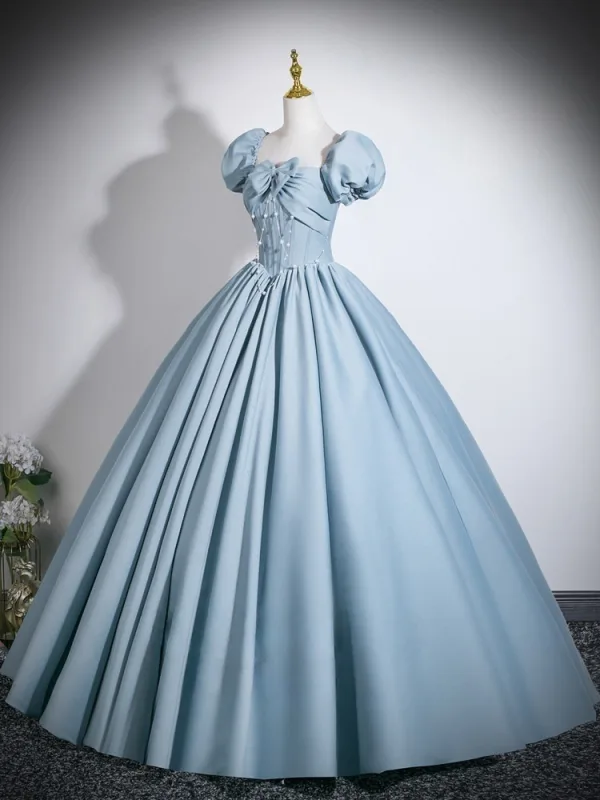 Élégant Bleu Ciel Noeud Robe De Bal 2026 Robe Boule Encolure Carrée Gonflée Manches Courtes Dos Nu Longue Robe De Ceremonie