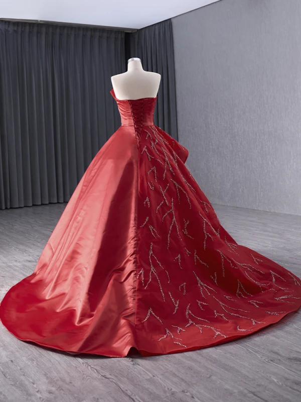 High-end Red Beading Prom Dresses 2024 Ball Gown Strapless Sleeveless Backless Court Train Prom Formal Dresses